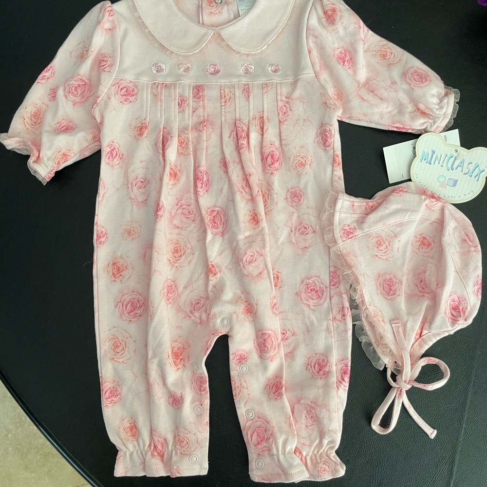 Mini Classics Pink Rose-Print Baby One-Piece with Matching Bonnet